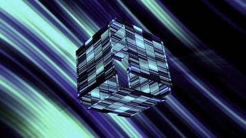 Abstract glowing cube with blue rays of light. Motion. Striped neon cubic shapes falling apart on shimmering background. photo