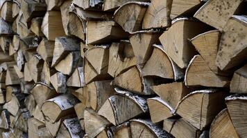 Close up of dry chopped tree trunks are laid in rows. Media. Stacked firewood prepared for the fireplace and stove. photo
