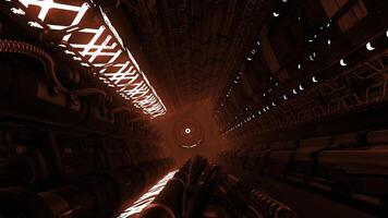 Flying into spaceship tunnel, sci-fi spaceship corridor. Motion. Futuristic technology abstract space ship interior. photo