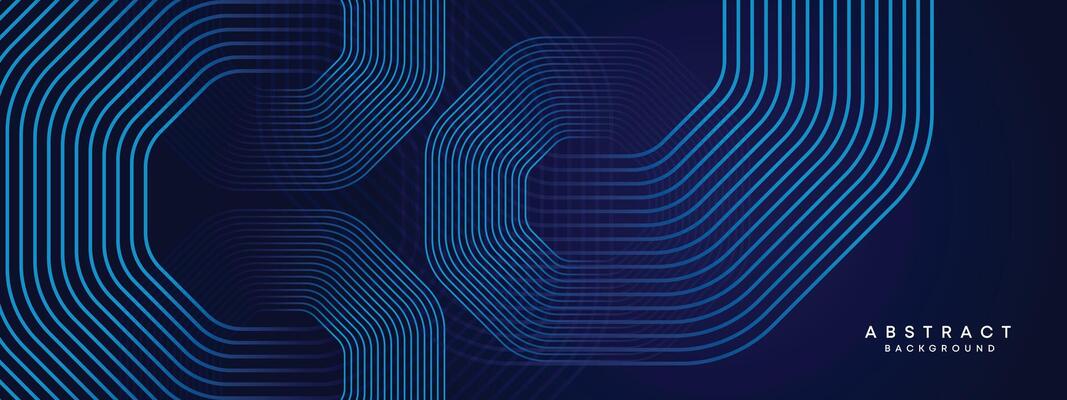 Abstract Dark Navy Blue Waving circles lines Technology Background. Modern gradient with glowing lines shiny geometric shape and diagonal, for brochure, cover, poster, banner, website, header
