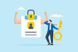 Businessman hold key to secure user account with strong padlock vector