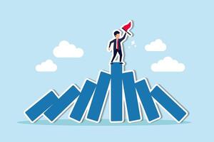 Winner take all, survive business competition or strength to overcome difficulty, economic crisis or recession, business winner concept, success businessman on stand strong bar graph domino collapse vector