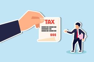 Tax burden or debt to pay for income tax, financial charge and duty to pay for government, accounting or bills, wealth management or savings, businessman holding saving piggybank looking at tax bills. vector