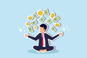 dinero o mentalidad financiera, hacerse rico o ambición de ingresos de crecimiento, inversión exitosa y ahorros o actitud para hacer crecer el concepto de negocio, hombre de negocios tranquilo meditando con ingresos de billetes de dinero que caen vector