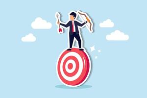 Purpose driven, motivation to reach goal and success, mission to achieve target or business strategy to drive success concept, ambitious businessman archery holding arrow and bow balance on target. vector