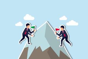 Business competition, businessman compete to win and reach success goal, challenge or career achievement concept, businessmen competitor climb up mountain to put winning flag at the mountain peak. vector