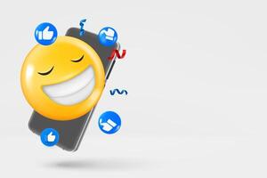 Modern smartphone with social media icons and laughing emoji with sunglasses. 3d vector banner with copy space