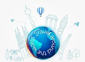 The Earth with different travel elements vector illustration. Travel around the world concept with lettering logo