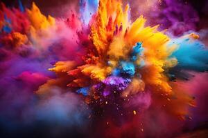 AI generated Holi festival, Colorful magic explosion on dark background. Generative ai photo