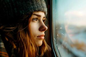 AI generated Woman on a train looking through the window generative ai photo