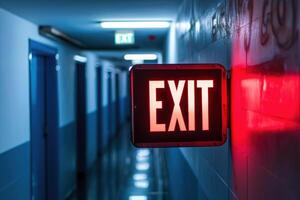 AI generated The Exit sign glowing in red shows the word EXIT to doorway. Generative AI. photo