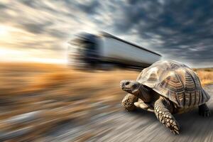 AI generated A turtle that fast runs in blur background .generative AI photo