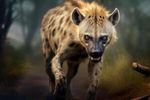 ai generado cerca arriba de hiena vagante a través de campo. generativo ai foto