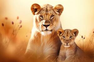 AI generated Mother love between lovely a lion and a cub created. generative ai photo