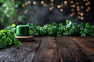 AI generated St. Patrick's Day concept. wooden table in front of shamrock leaf background . Generative Ai. photo