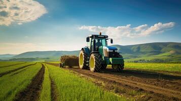 AI generated tractor plowing the field created with generative ai photo