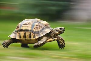 ai generado un Tortuga ese rápido carreras en difuminar antecedentes .generativo ai foto