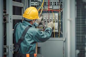 AI generated electrical engineer checks the voltage of the electrical at the terminal in the main distribution board . AI generative photo