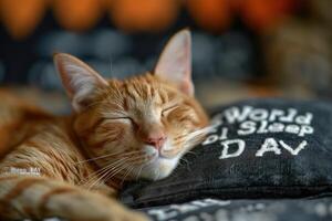 ai generado contento hora linda gato dormido en el cama . generativo ai foto