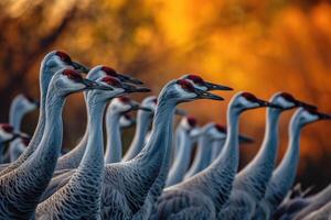 ai generado un rebaño de sandhill grúas durante su otoño migración. ai generativo foto