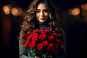 AI generated a woman holding a bouquet of roses.ai generative photo
