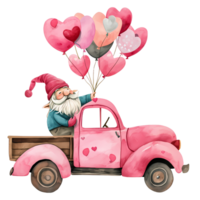 ai genererad gnome innehav knippa av luft ballonger på rosa lastbil, ai genererad. png