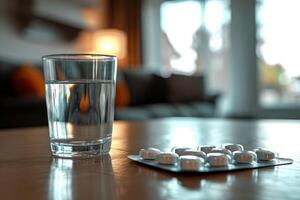AI generated a glass of water on wooden table next to a pill.ai generative photo