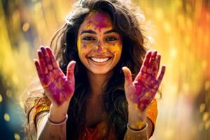 AI generated Holi festival, portrait of a young woman in colorful powder explosion. Generative AI. photo