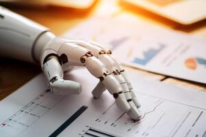 AI generated a robot hand review report. Graphs and charts. Business reports concept Ai generated photo
