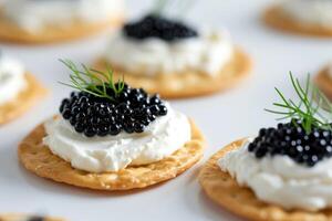 AI generated crackers with cream cheese and black caviar, white backgroud. Generative AI. photo