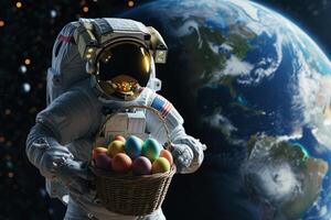 AI generated A space astronaut hold Easter eggs in basket. earth planet background. Generative ai photo