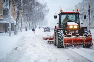 AI generated Tractor with Snow Plow Attachment Clearing Snow on Winter . Generative AI photo