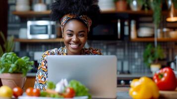 AI generated a woman using a tablet computer to cook in her kitchen Generative AI photo