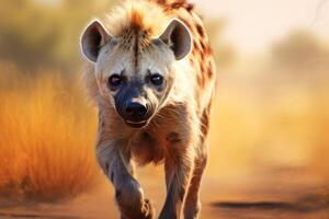 AI generated Close up of hyena strolling across field. Generative AI photo