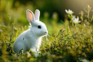 ai generado un Conejo corriendo en un campo de verde césped. generativo ai foto