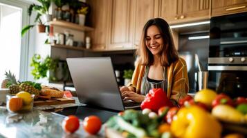 AI generated a woman using a tablet computer to cook in her kitchen Generative AI photo