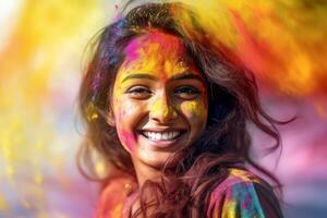 ai generado holi festival, retrato de un joven mujer en vistoso polvo explosión. generativo ai. foto