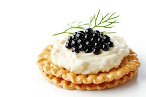 AI generated crackers with cream cheese and black caviar, white backgroud. Generative AI. photo