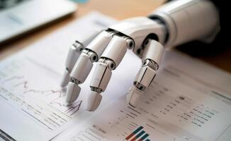 AI generated a robot hand review report. Graphs and charts. Business reports concept Ai generated photo