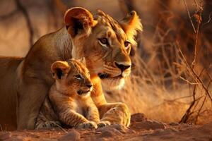 AI generated Mother love between lovely a lion and a cub created. generative ai photo