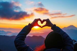 ai generado un mujer hace un en forma de corazon gesto, mientras el puesta de sol. ai antecedentes foto