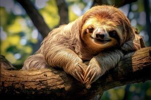 AI generated Cute sloth hanging on tree branch with funny face look, wild animal. Generative ai photo