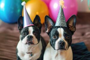 AI generated French bull dog wearing a paper party hat . AI generative photo