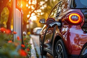 AI generated Electric Vehicle Charging Station Plugged into Car. Clean Energy for a Sustainable Future. Generative AI photo