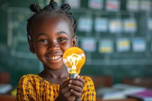 AI generated African Child holding a light bulb in the classroom, concept of ideas and creativity. Generative AI photo