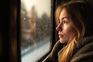 AI generated Woman on a train looking through the window generative ai photo