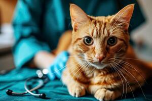 AI generated Veterinarian examining a cat in a veterinary clinic, closeup. Generative Ai photo