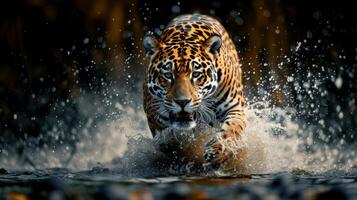 ai generado un cerca arriba de un leopardo en el agua con un chapoteo de agua en es cara y es rostro. foto