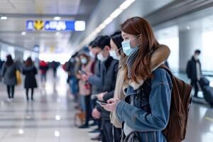 ai generado personas de viaje línea arriba aparte a aeropuerto con cara máscara - generativo ai foto