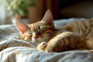 ai generado contento hora linda gato dormido en el cama . generativo ai foto